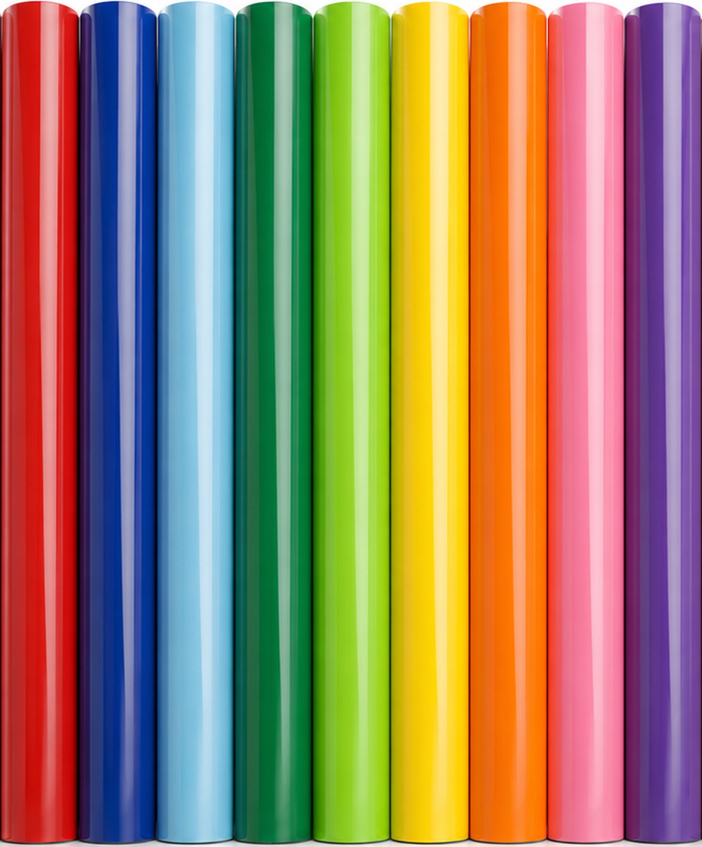 Rouleaux de vinyle adhésif de découpe alignés, du rouge au violet
