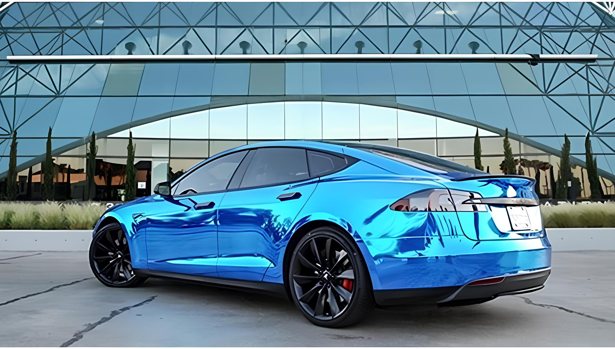 Tesla Model S recouverte d'un film covering chromé bleu miroir