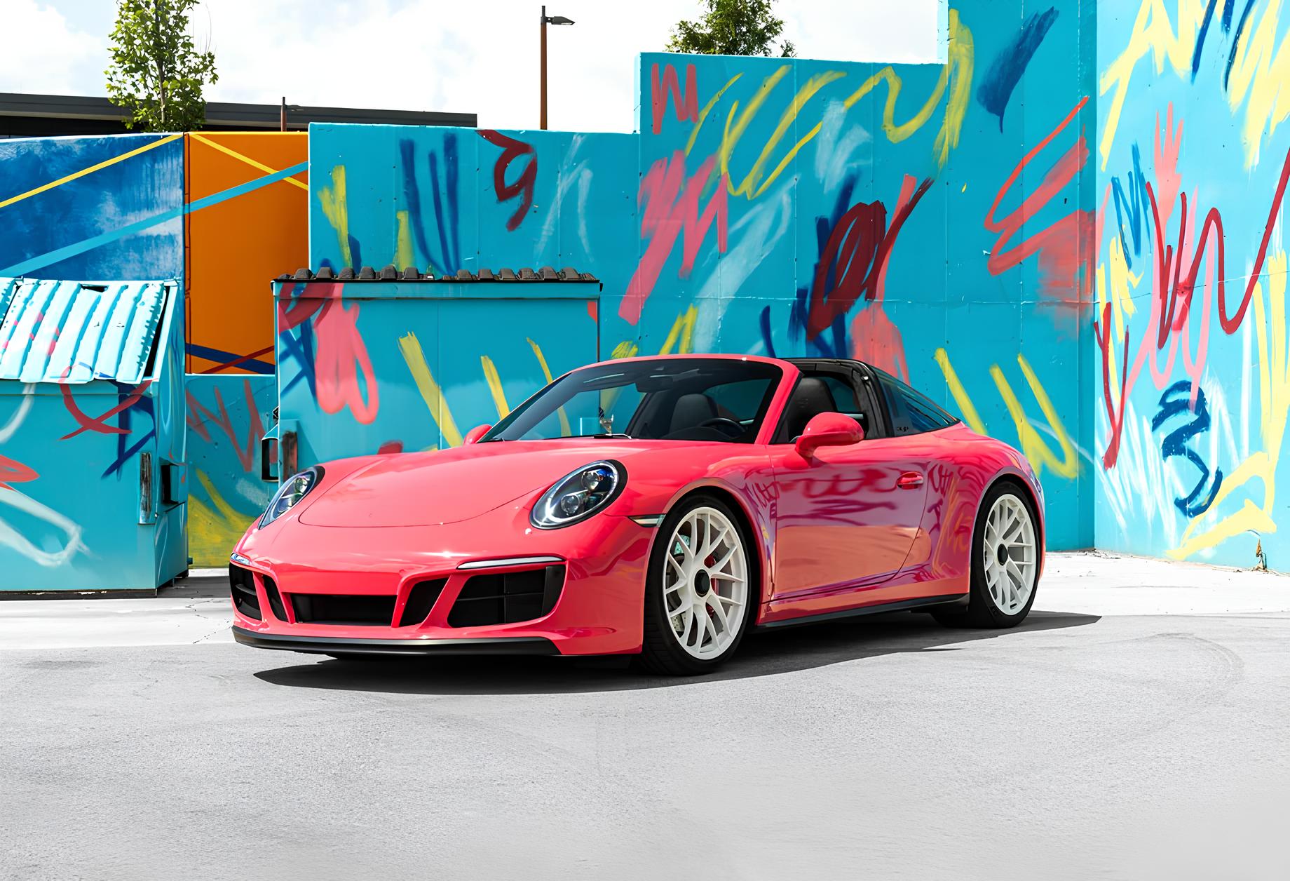 Porsche 911 Targa recouverte d'un film covering rose brillant reflétant un mur graffé