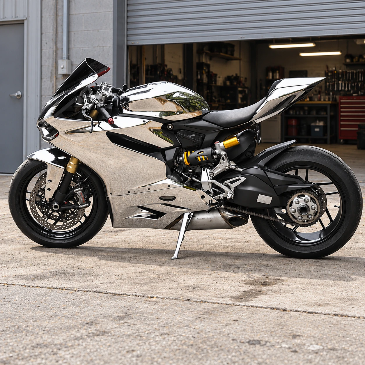 Covering chrome argent sur une moto sportive de profil devant un atelier : film Avery SWF Chrome Silver Gloss