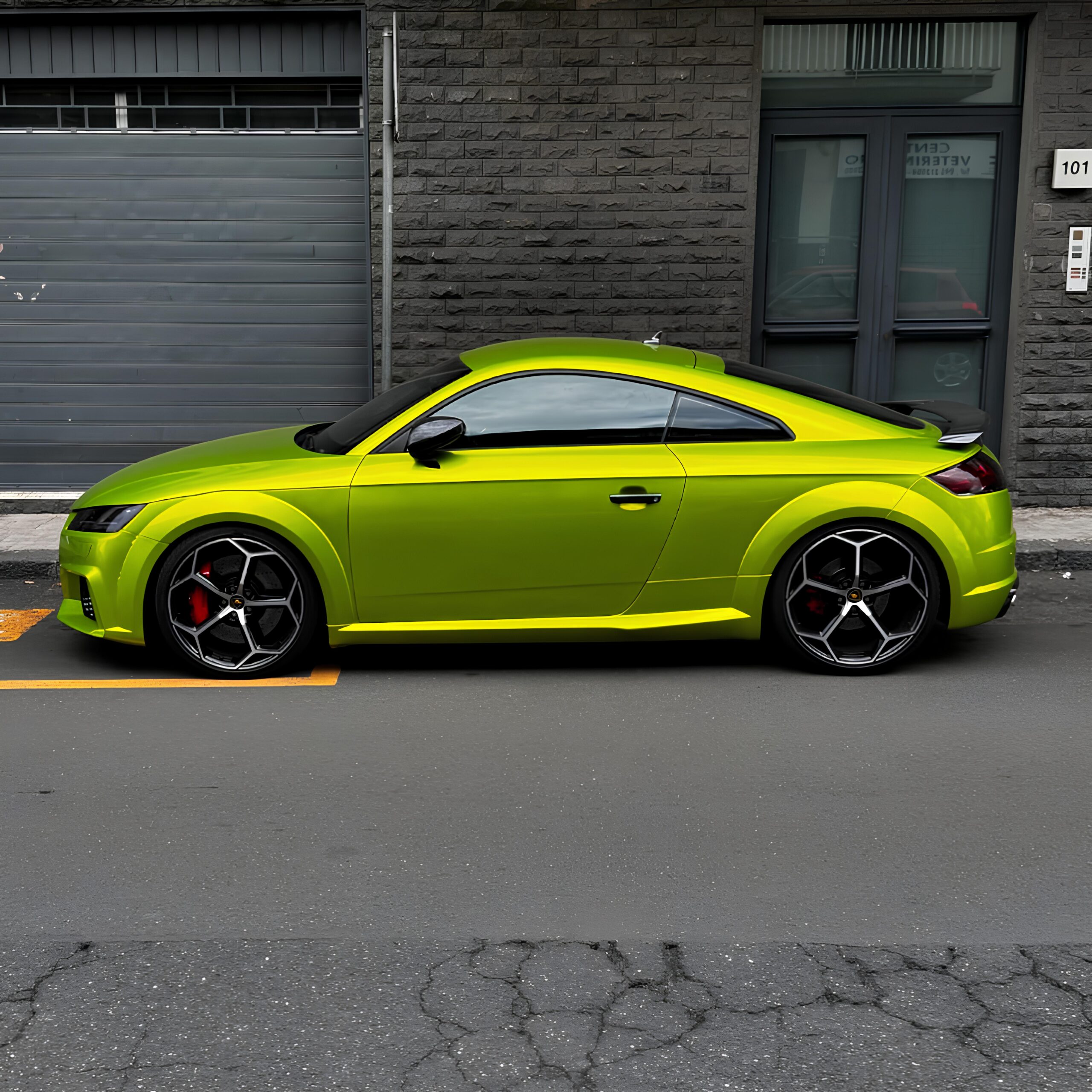 Covering jaune citrus pailleté brillant sur une Audi TT vue de profil, film Oracal 970 183G Sparkling Citrus Fury Gloss