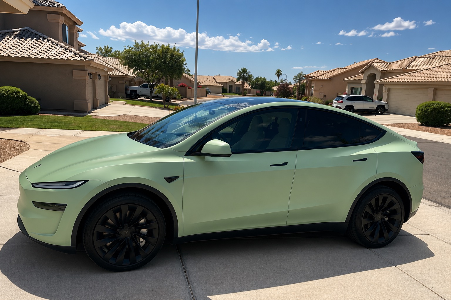 Covering vert pastel satiné sur un Tesla Model Y, vu de profil dans une allée ensoleillée