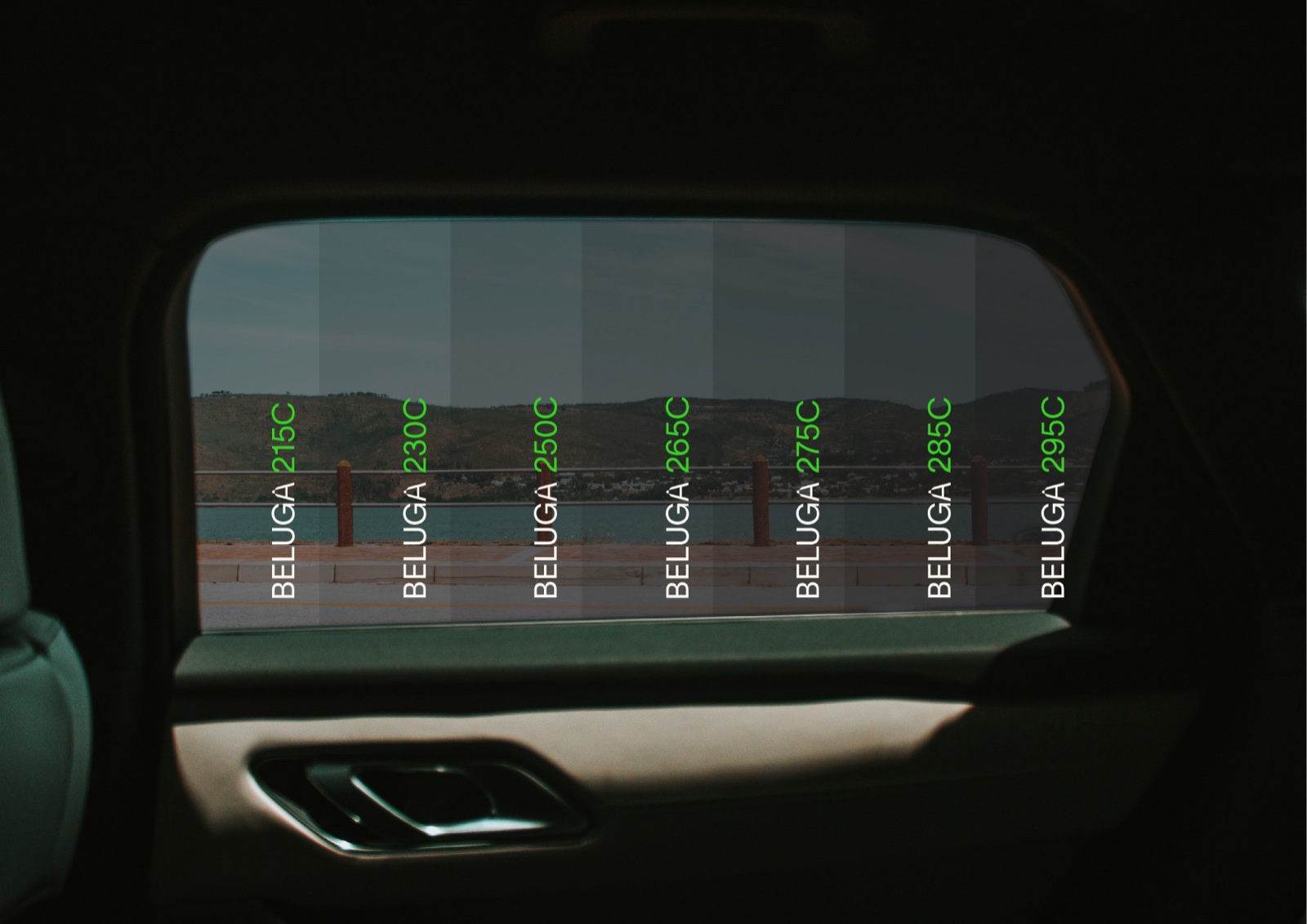 Vitre de voiture découpée en 7 bandes : teintes Solar Screen BELUGA, de la 215 (claire) à la 295 (très foncée)