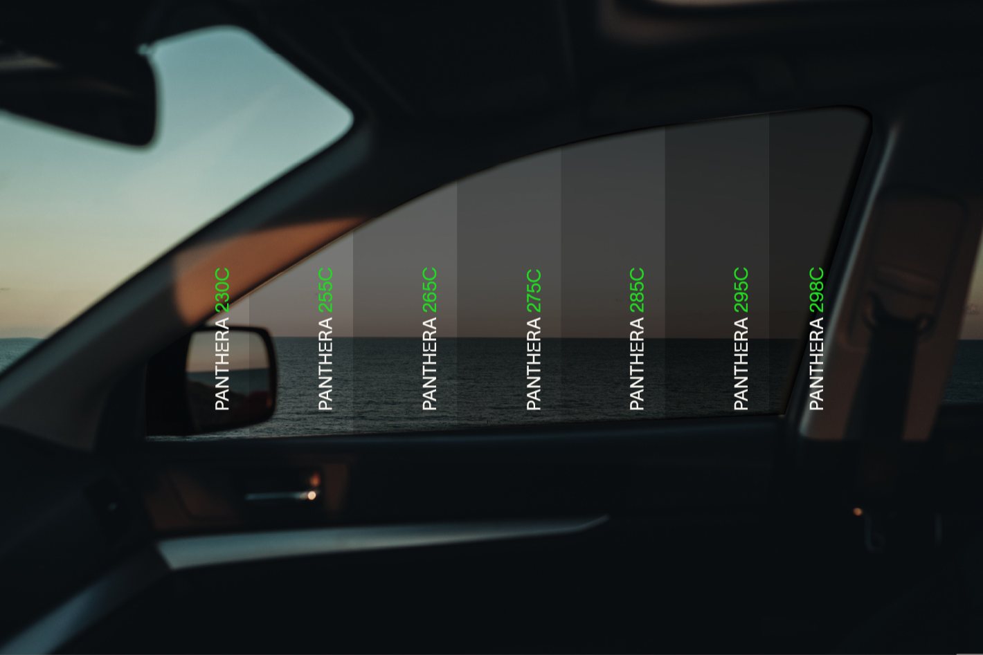 Vitre de voiture découpée en 7 bandes : teintes Solar Screen PANTHERA, de la 230 (claire) à la 298 (très foncée)