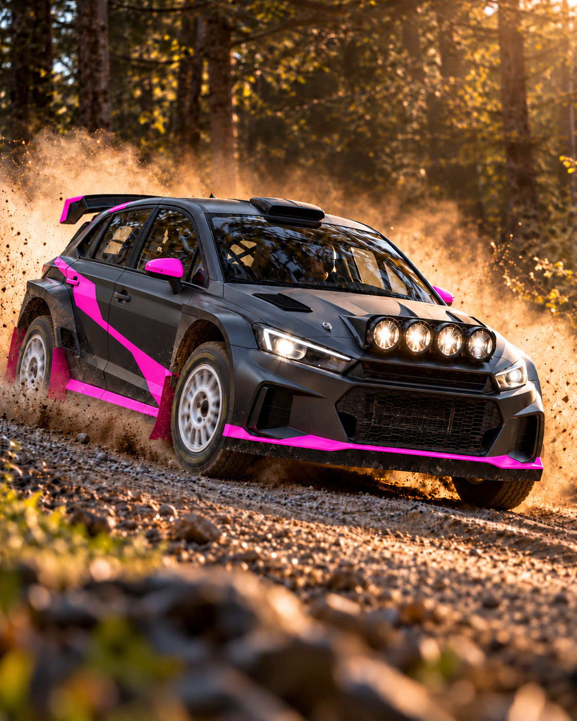 Voiture de rallye décorée de vinyle fluorescent rose